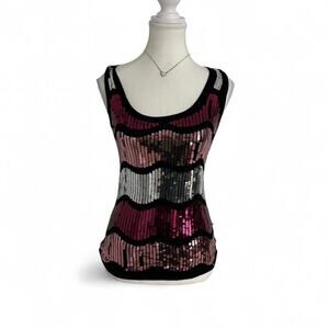 Pink + Black Sequin Going Out Glam Fairy Core Y2K Tank Size Small 98% Cotton